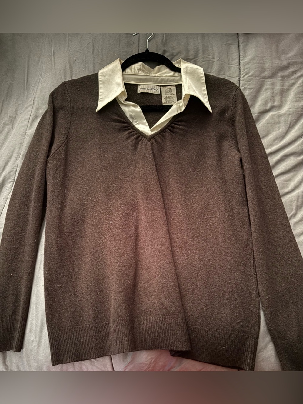 Women's Black V-Neck Sweater with White Collar